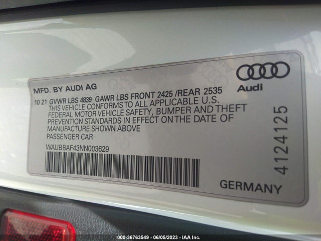 WAUBBAF43NN003629 Audi A4 Sedan Premium Plus