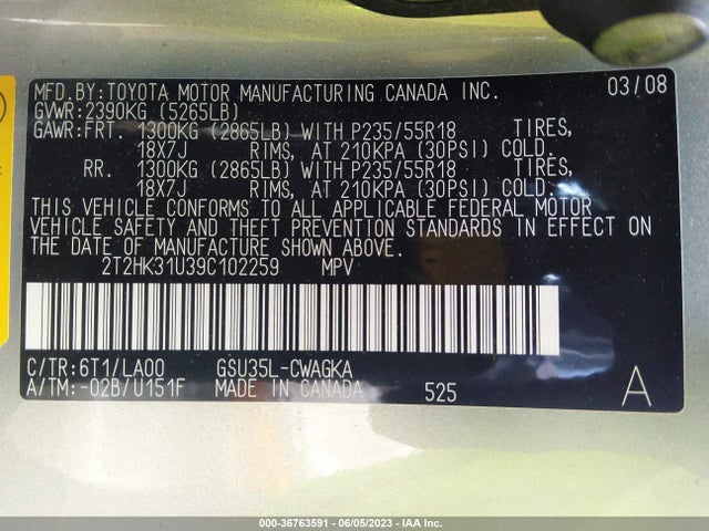 2009 LEXUS RX 350 VIN: 2T2HK31U39C102259