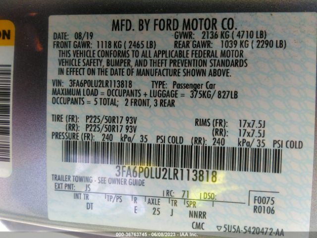 3FA6P0LU2LR113818 Ford Fusion Hybrid Se