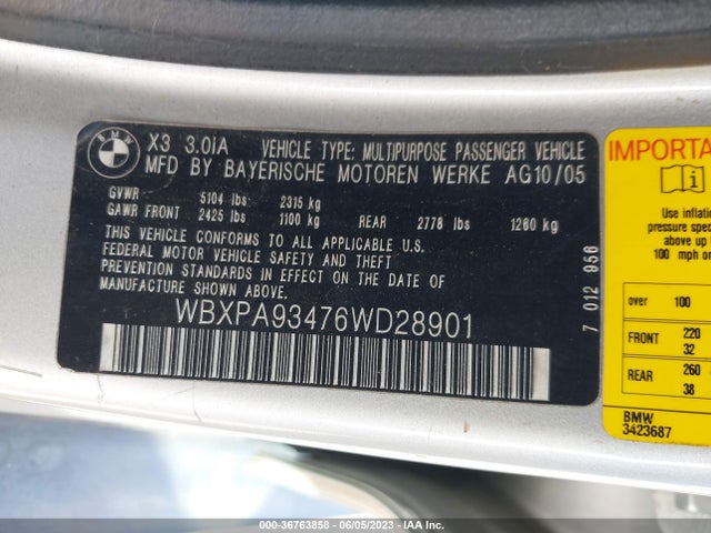 2006 BMW X3 3.0I VIN: WBXPA93476WD28901