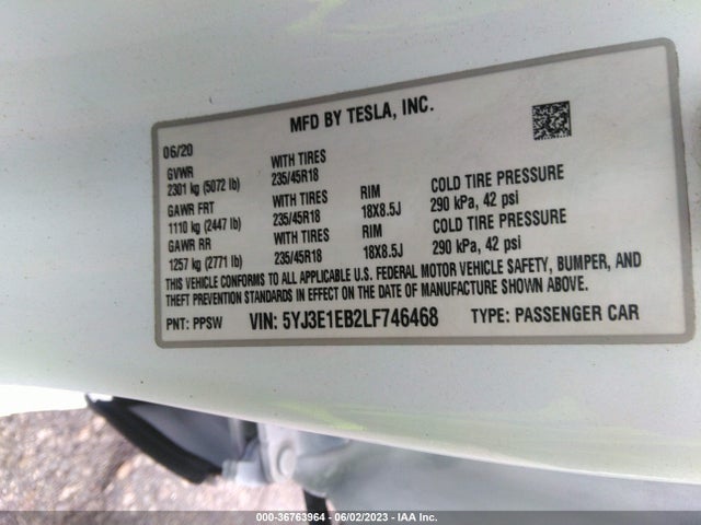 Tesla Model 3 Long Range 2020 5YJ3E1EB2LF746468 Image 11