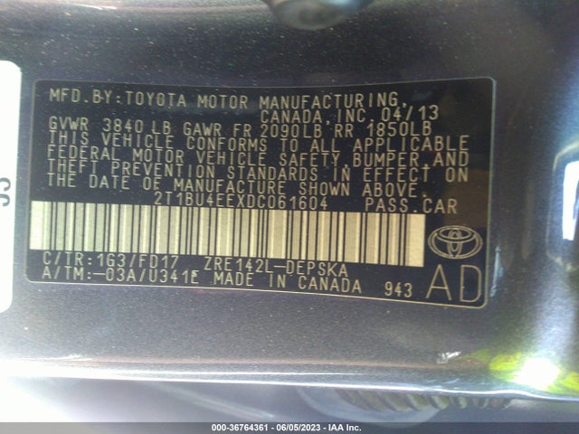 2013 TOYOTA COROLLA L/LE/S VIN: 2T1BU4EEXDC061604