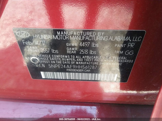 Hyundai Sonata 2.4l 2017 5NPE24AF9HH561287 Image 9