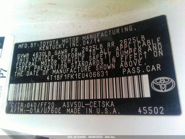 2014 TOYOTA CAMRY L/LE/XLE/SE/SE SPORT VIN: 4T1BF1FK1EU406631