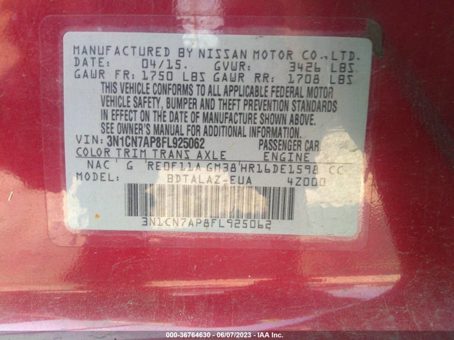 Nissan Versa S Plus 2015 3N1CN7AP8FL925062 Image 10