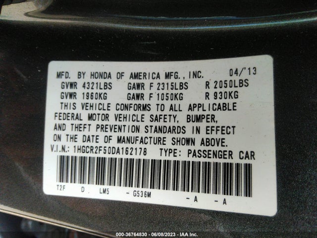2013 HONDA ACCORD SDN SPORT VIN: 1HGCR2F50DA162178