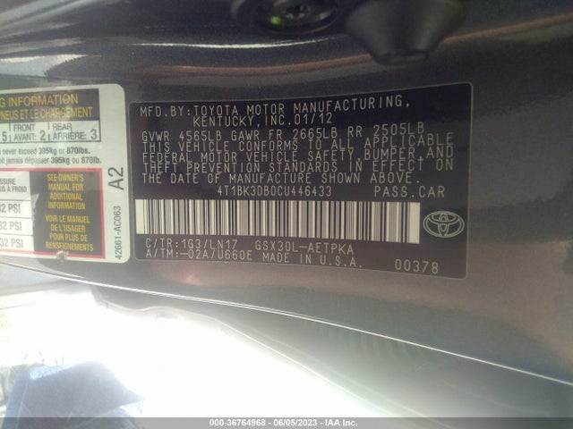 2012 TOYOTA AVALON VIN: 4T1BK3DB0CU446433