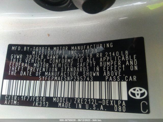5YFEPMAE5NP295743 Toyota COROLLA LE