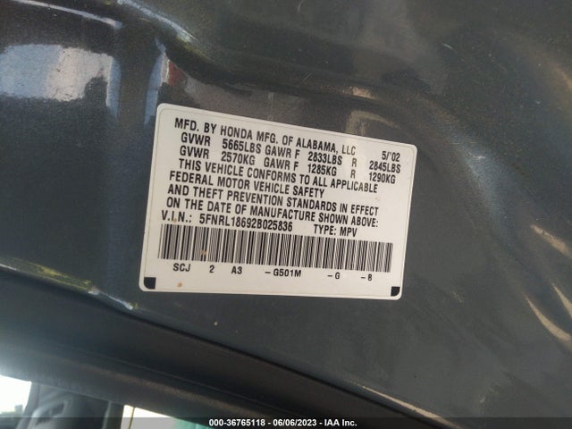 2002 HONDA ODYSSEY EX VIN: 5FNRL18692B025836