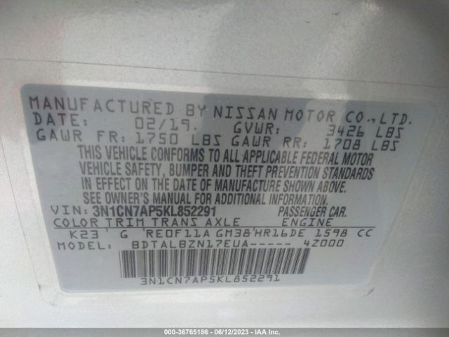 3N1CN7AP5KL852291 Nissan Versa 1.6 Sv