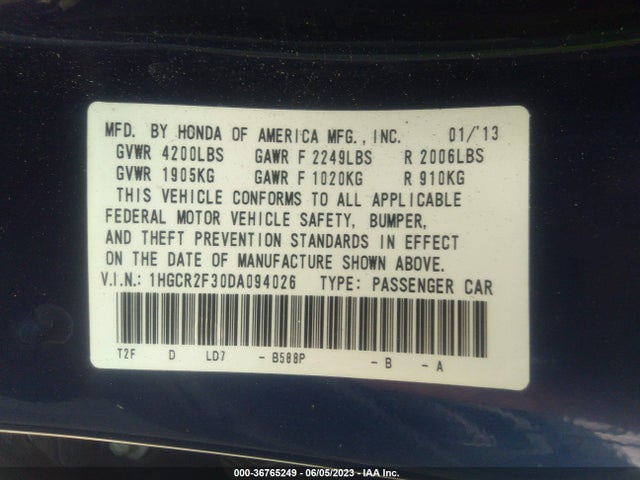 2013 HONDA ACCORD SDN LX VIN: 1HGCR2F30DA094026