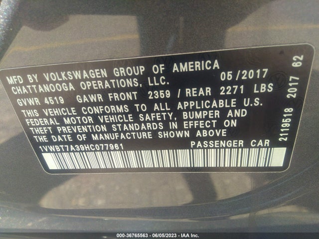 1VWBT7A39HC077961 Volkswagen Passat 1.8t Se