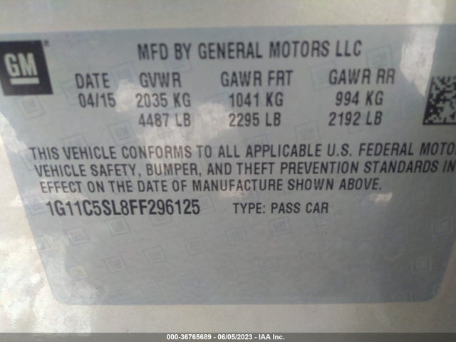 Продажа на аукционе авто 2015 Chevrolet Malibu Lt, vin: 1G11C5SL8FF296125, номер лота: 36765689