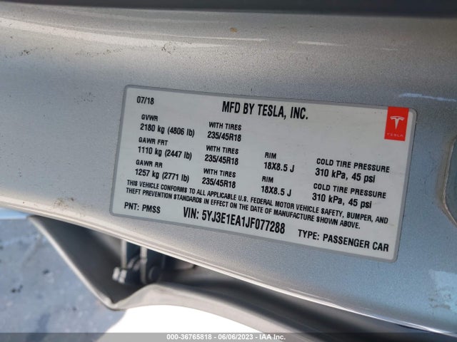 Tesla Model 3 Range Battery 2018 5YJ3E1EA1JF077288 Image 9