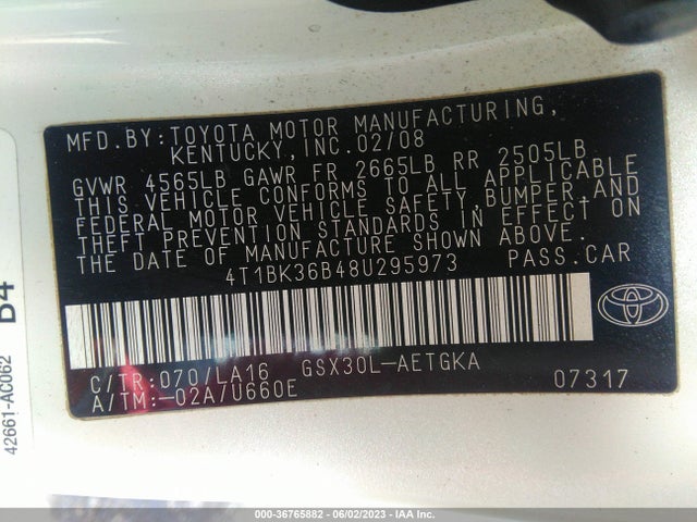 2008 TOYOTA AVALON XL/TOURING/XLS/LIMITED VIN: 4T1BK36B48U295973