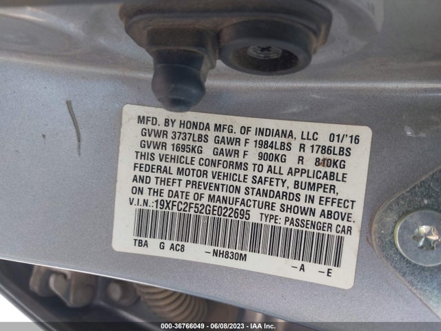 2016 HONDA CIVIC SEDAN LX VIN: 19XFC2F52GE022695