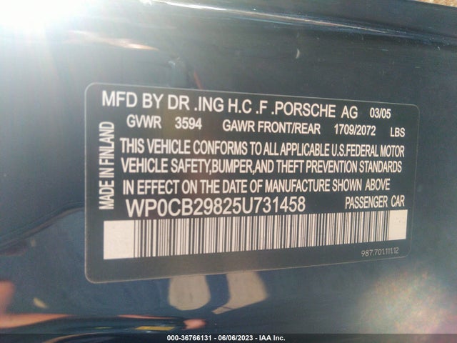 2005 PORSCHE BOXSTER S VIN: WP0CB29825U731458
