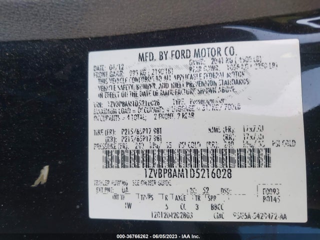 2013 FORD MUSTANG V6 VIN: 1ZVBP8AM1D5216028