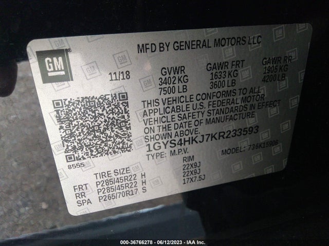 1GYS4HKJ7KR233593 Cadillac Escalade Esv Luxury