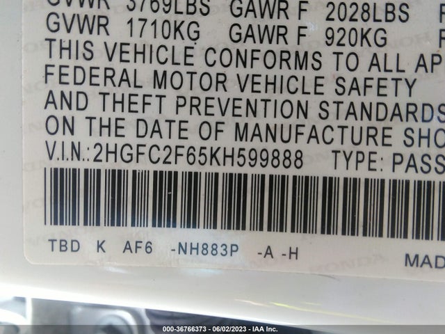 Honda Civic Sedan Lx 2019 2HGFC2F65KH599888 Image 9