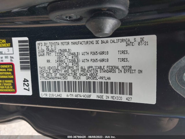 2021 TOYOTA TACOMA 4WD LIMITED VIN: 3TMGZ5AN6MM441503
