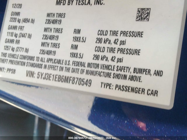 Tesla Model 3 Long Range 2021 5YJ3E1EB6MF870549 Image 9