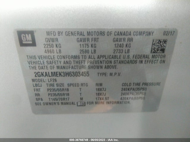 2017 GMC TERRAIN SLE VIN: 2GKALMEK3H6303455