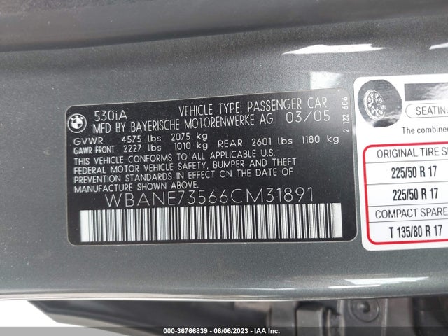 2006 BMW 5 SERIES 530I VIN: WBANE73566CM31891