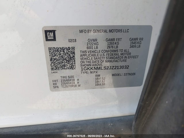 GMC ACADIA SLT 2018 1GKKNMLS2JZ213032 Image 9