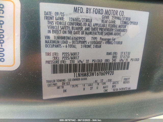 2006 LINCOLN TOWN CAR DESIGNER SERIES VIN: 1LNHM83W16Y609920