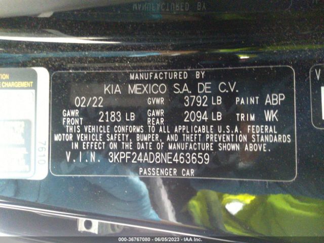3KPF24AD8NE463659 KIA Forte Lxs