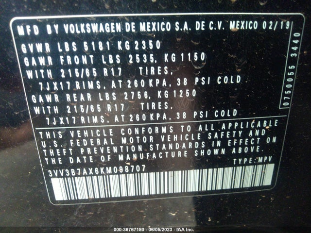 3VV3B7AX6KM098707 Volkswagen TIGUAN SE