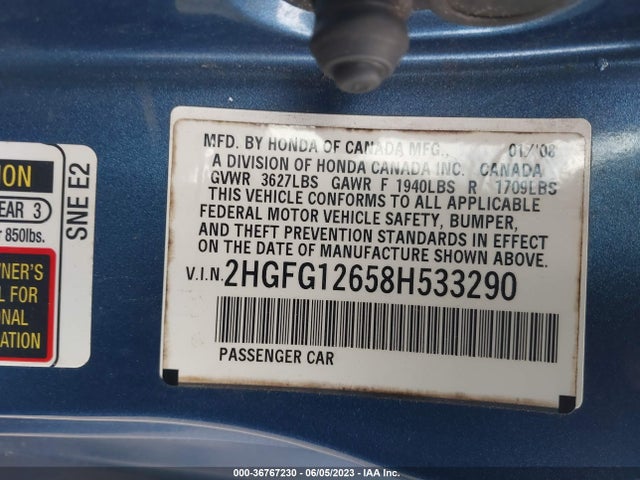 2008 HONDA CIVIC CPE LX VIN: 2HGFG12658H533290