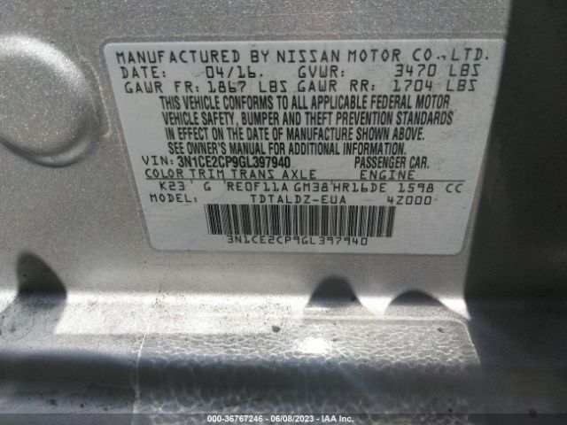 3N1CE2CP9GL397940 Nissan Versa Note S/s Plus/sv/sr/sl