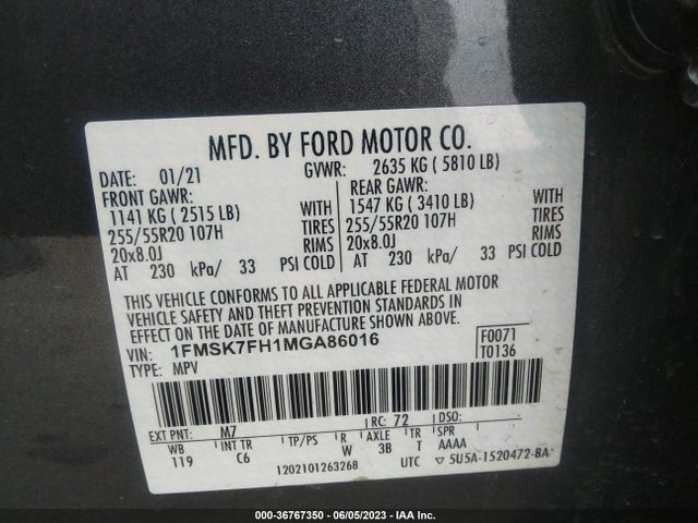 1FMSK7FH1MGA86016 Ford Explorer Limited