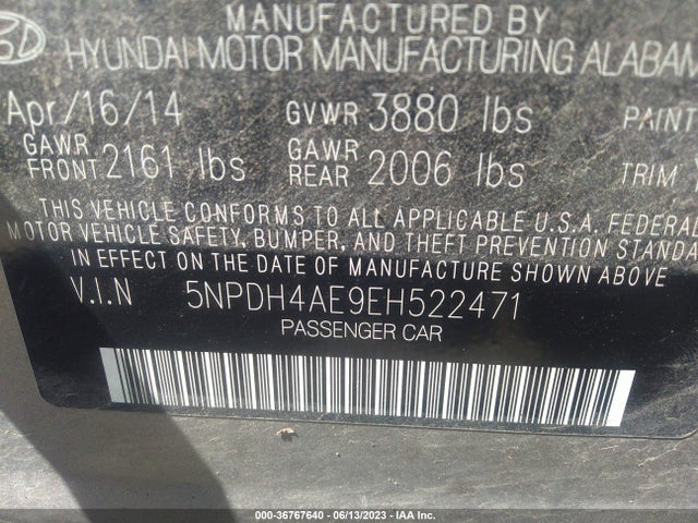 2014 HYUNDAI ELANTRA SE VIN: 5NPDH4AE9EH522471