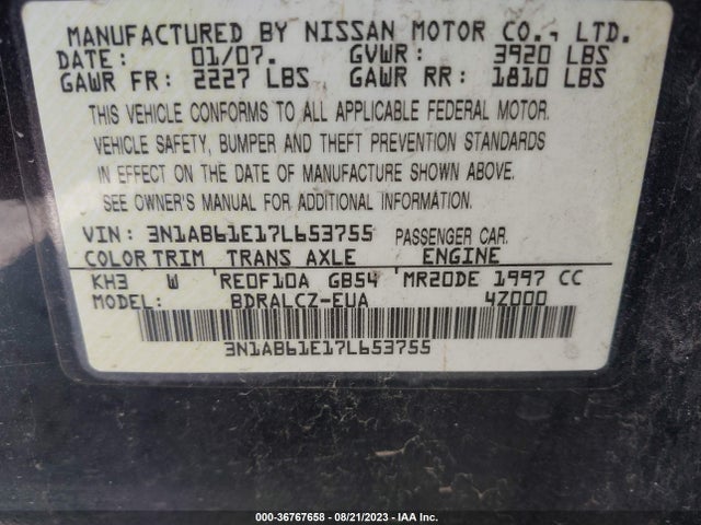 2007 NISSAN SENTRA 2.0 VIN: 3N1AB61E17L653755