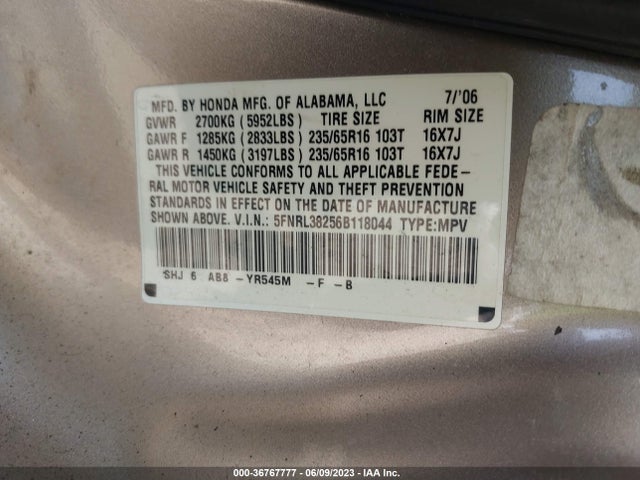 2006 HONDA ODYSSEY LX VIN: 5FNRL38256B118044