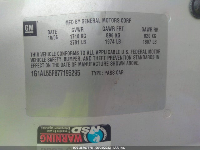 2007 CHEVROLET COBALT LT VIN: 1G1AL55F877195295