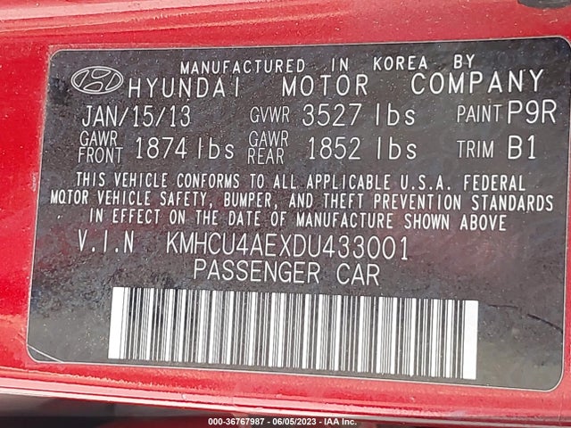 2013 HYUNDAI ACCENT GLS VIN: KMHCU4AEXDU433001