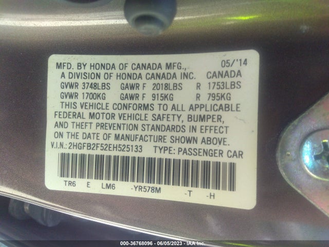 Honda Civic Sedan Lx 2014 2HGFB2F52EH525133 Image 9