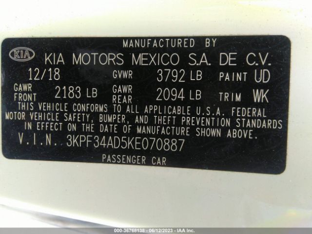 3KPF34AD5KE070887 KIA FORTE S