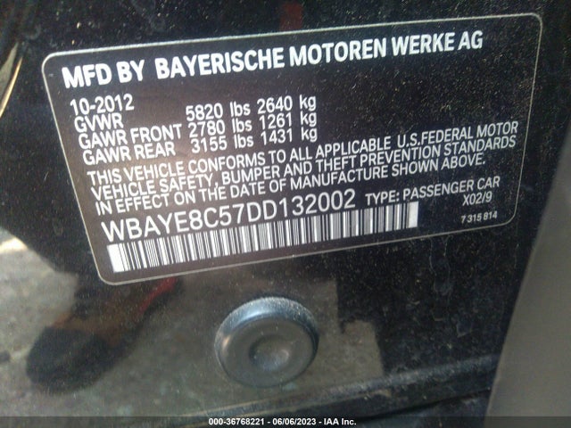 2013 BMW 7 SERIES 750LI VIN: WBAYE8C57DD132002