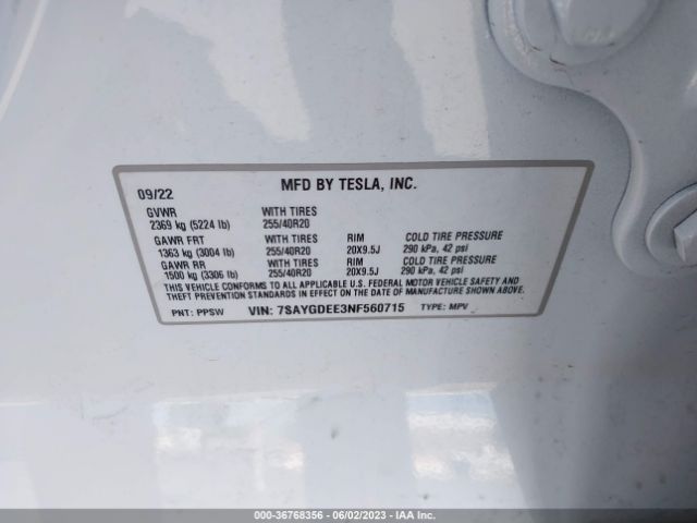 7SAYGDEE3NF560715 Tesla Model Y Long Range