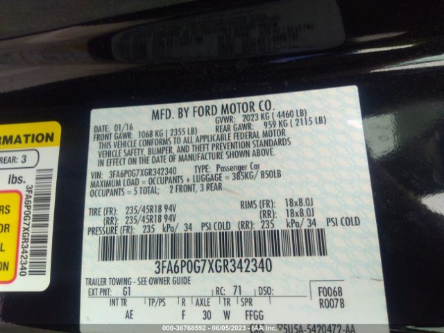 3FA6P0G7XGR342340 Ford FUSION S