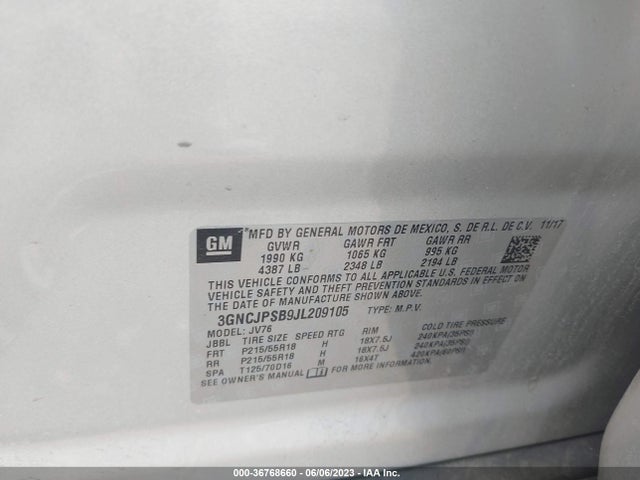 Продаж на аукціоні авто 2018 Chevrolet Trax Lt, vin: 3GNCJPSB9JL209105, номер лоту: 36768660