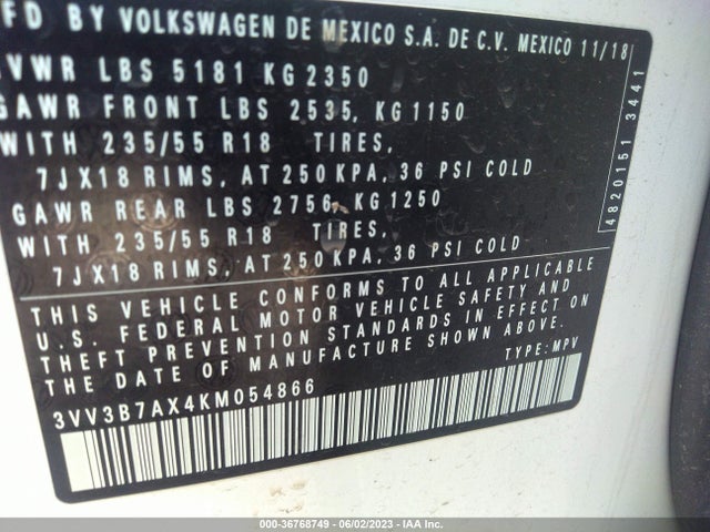 3VV3B7AX4KM054866 Volkswagen Tiguan Se/sel/sel R-line