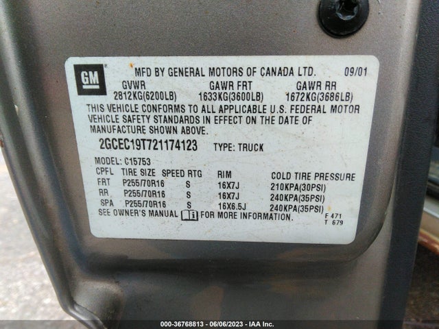 2002 CHEVROLET SILVERADO 1500 LT VIN: 2GCEC19T721174123