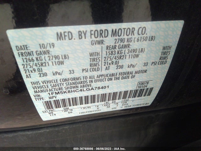 2020 FORD EXPLORER PLATINUM VIN: 1FM5K8HC4LGA78401