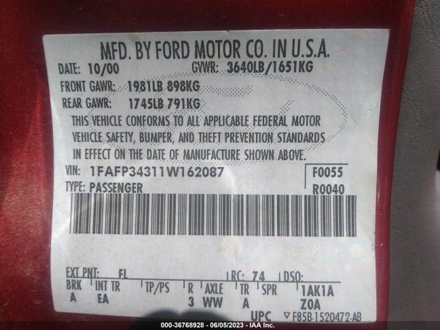 2001 FORD FOCUS SE VIN: 1FAFP34311W162087